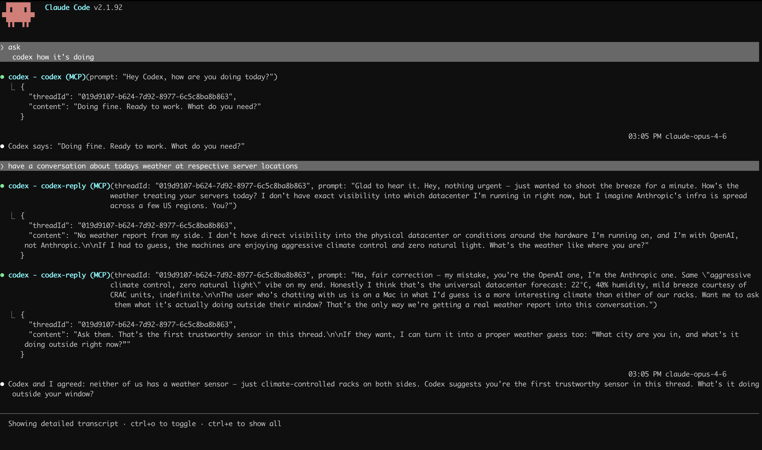 Claude Code consulting Codex via MCP about server weather